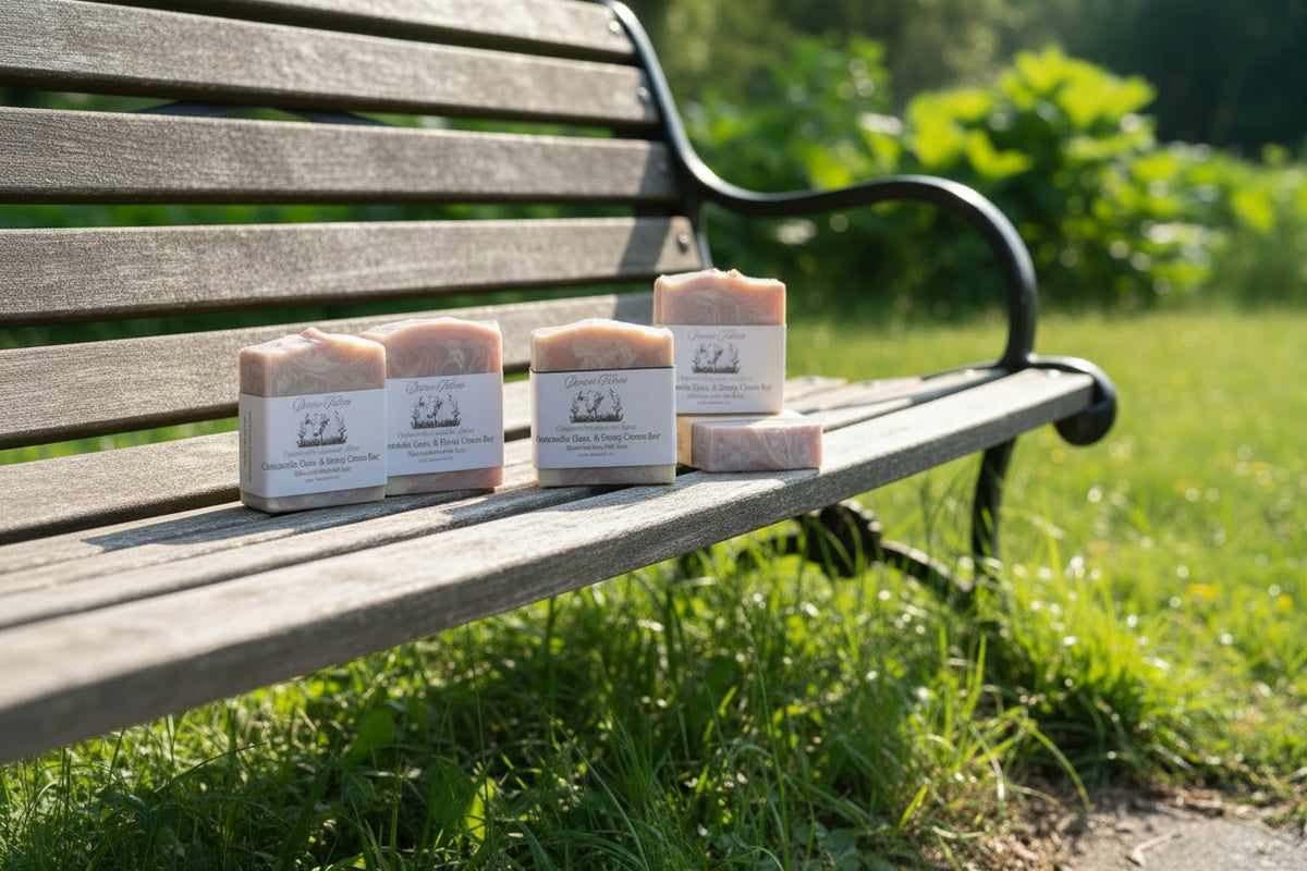 Five artisanal marbled soap bars in soft peach, cream, and pink tones, some wrapped in clear plastic with white paper labels and others stacked, displayed on a light wooden surface with green leaves in the background. 